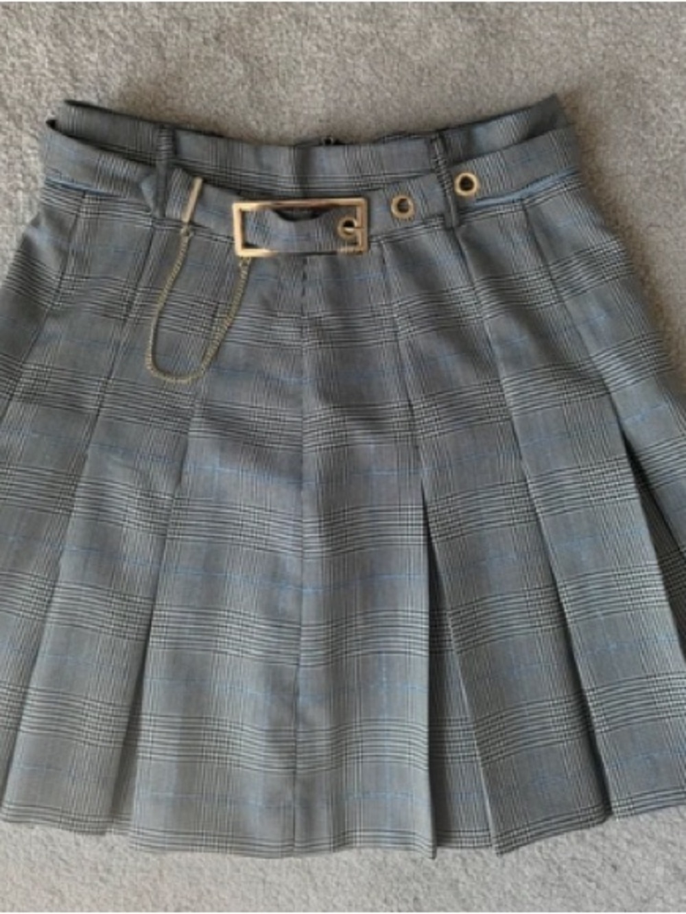 Liu Jo Gray Plaid Pleated Mini Skirt with Gold Buckle Accent